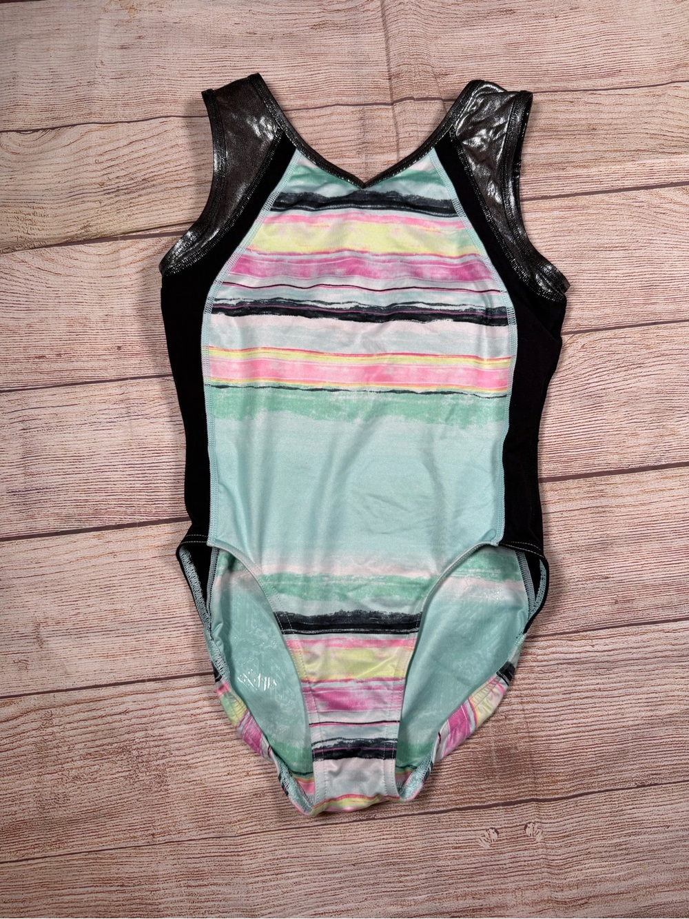 Ivivva Mint Teal Striped Dance Leotard with Black Shiny Accents‎